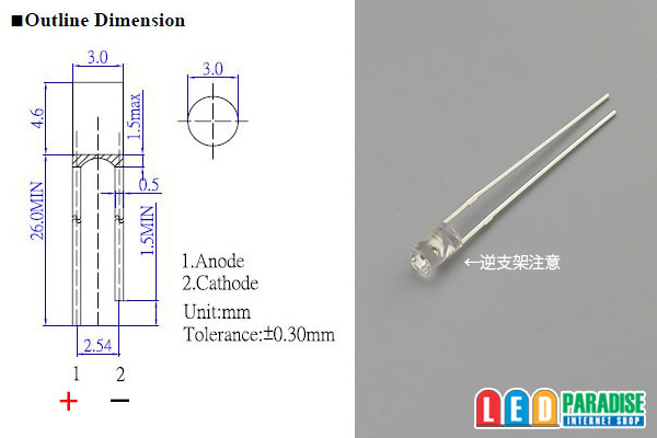 画像: 3mm円筒型赤色LED LP-R5PA3HC1B