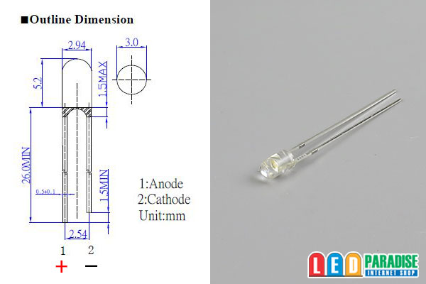 画像: 広角3mm電球色LED LP-M54K3E61B