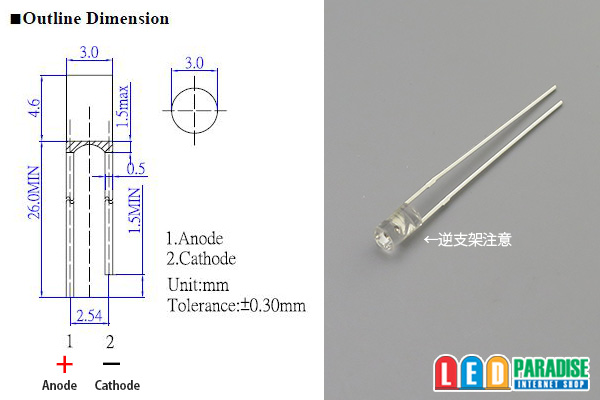 画像: 3mm円筒型オレンジ色LED LP-O5PA3HC1B