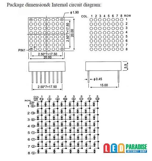 画像: 8x8ドットマトリクスLED 20mm角 赤色