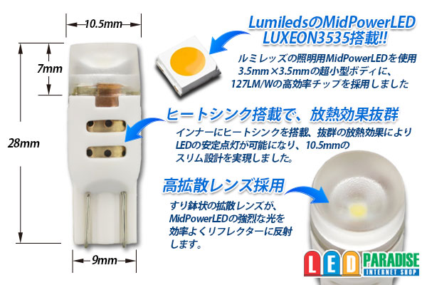 画像: T10 MidPower LEDバルブ 白色