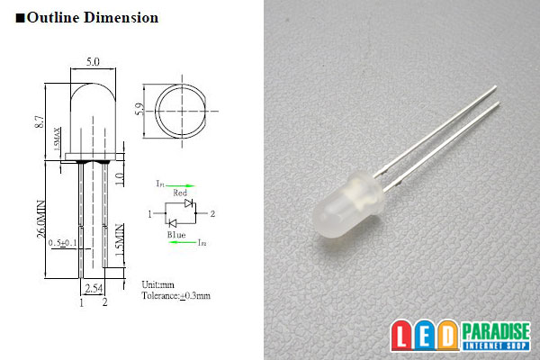 画像: 5mm無極性二色LED 赤/青 LP-RBS25B32A