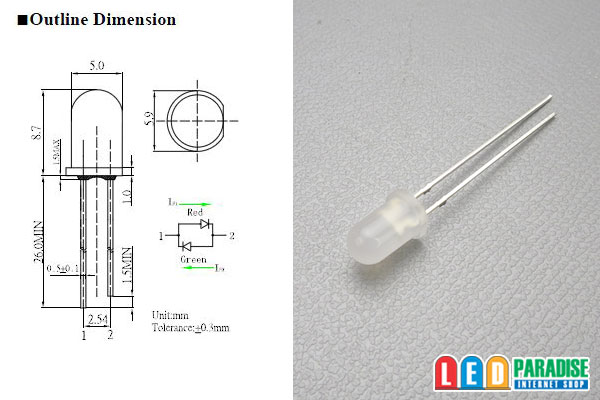 画像: 5mm無極性二色LED 赤/緑 LP-RPT25B32A