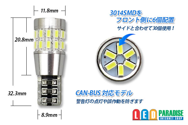 画像: Canbus 3014 30SMD T10バルブ 白色